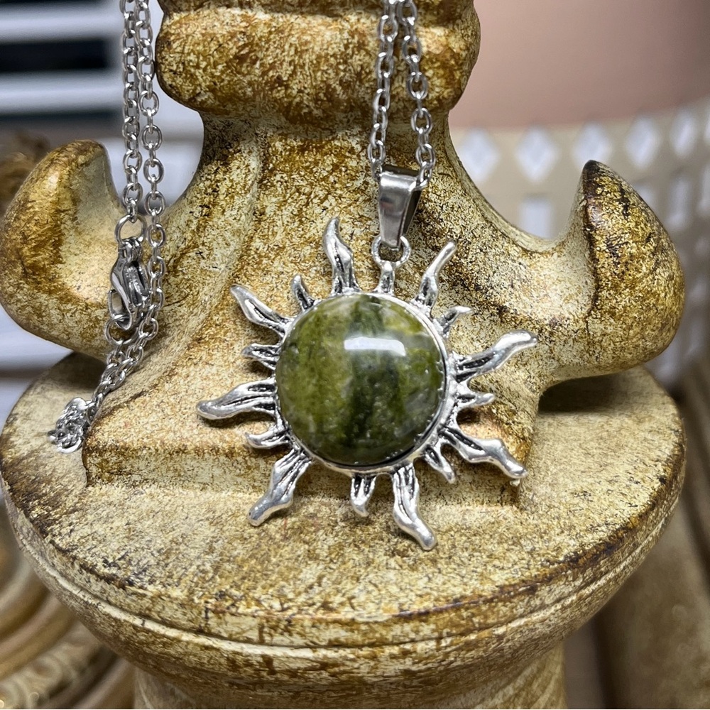 Unakite charm/Green/ on 19” silvery chain. Natural green stone on sun charm. NIP